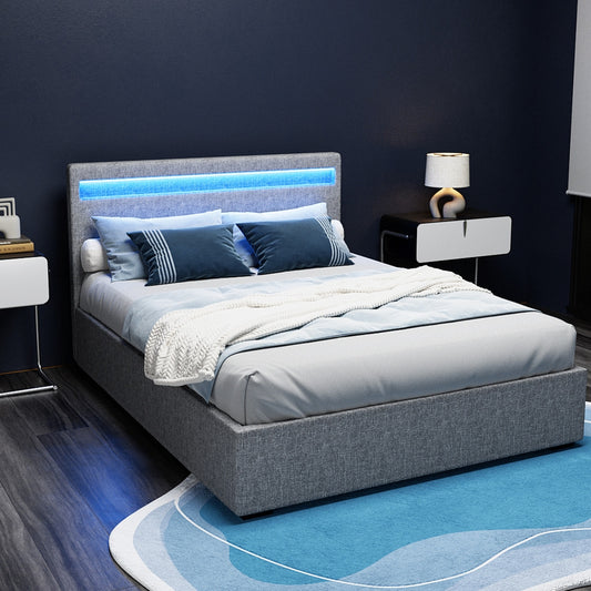 Artiss Cole LED Gas Lift Bed Frame — Double Storage Base with LED Lighting, Grey