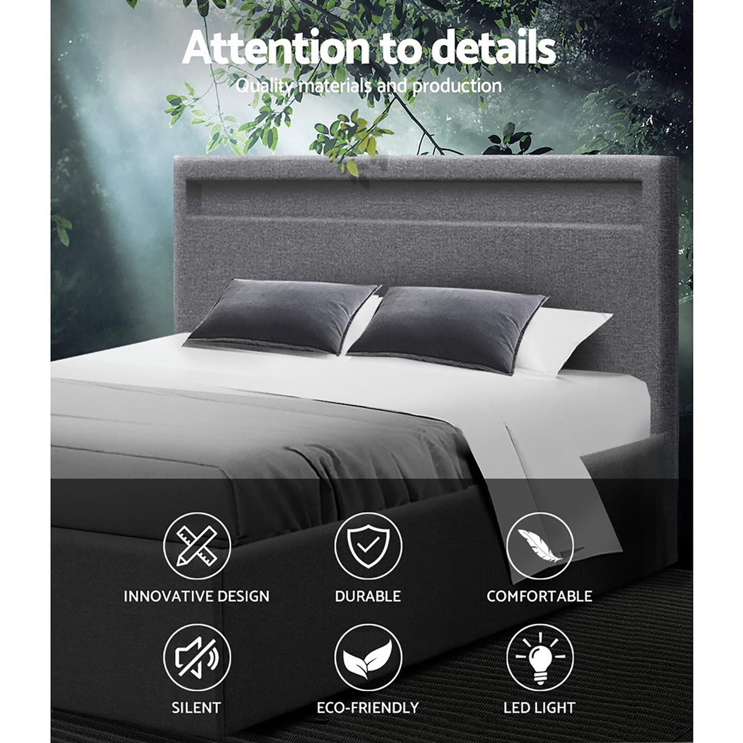 Artiss Cole LED Gas Lift Bed Frame — Double Storage Base with LED Lighting, Grey