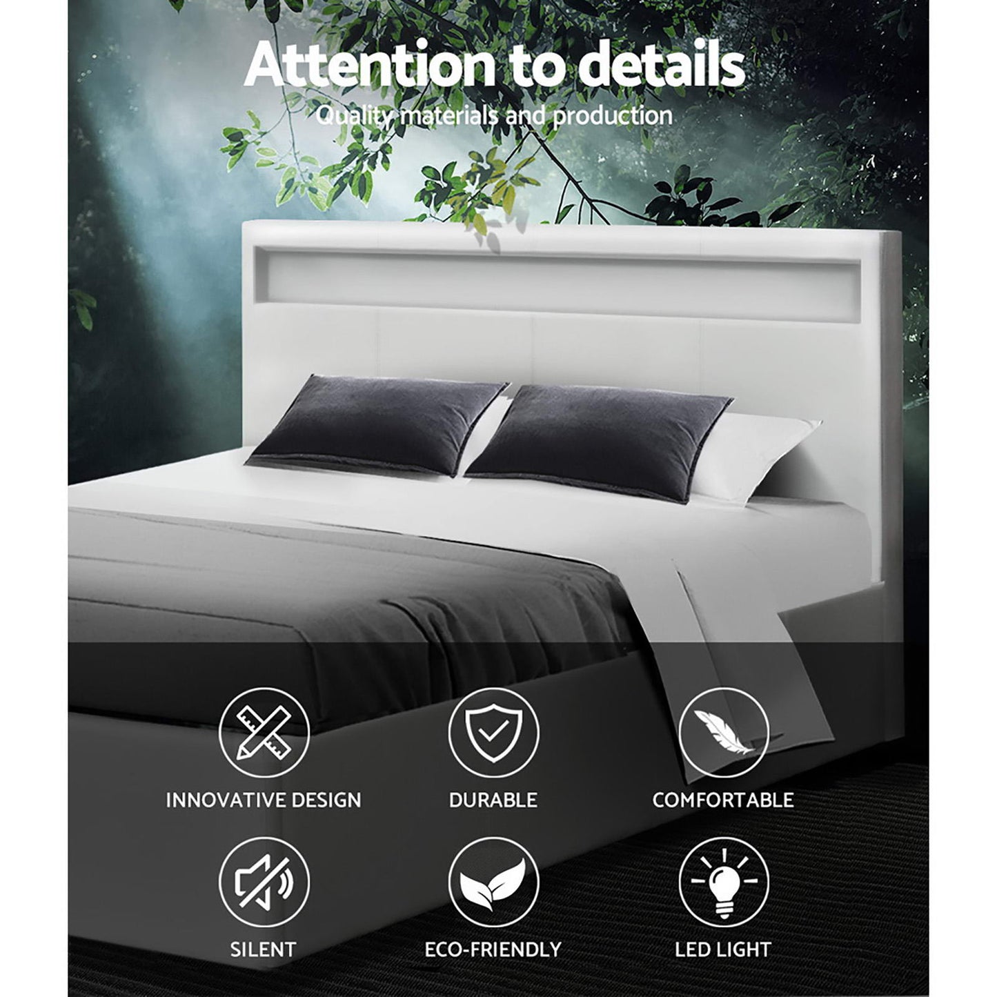 Artiss Cole LED Gas Lift Bed Frame — Double Storage Base with LED Lighting, White