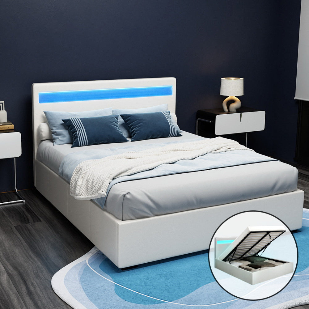 Artiss Cole LED Gas Lift Bed Frame — Double Storage Base with LED Lighting, White