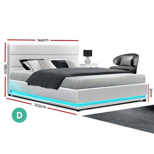 Artiss Lumi LED Gas Lift Bed Frame — Double Storage Base with LED Lighting, White