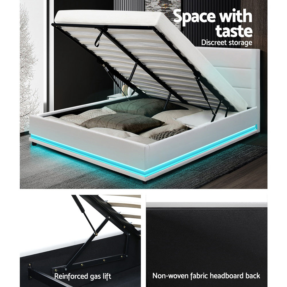 Artiss Lumi LED Gas Lift Bed Frame — Double Storage Base with LED Lighting, White