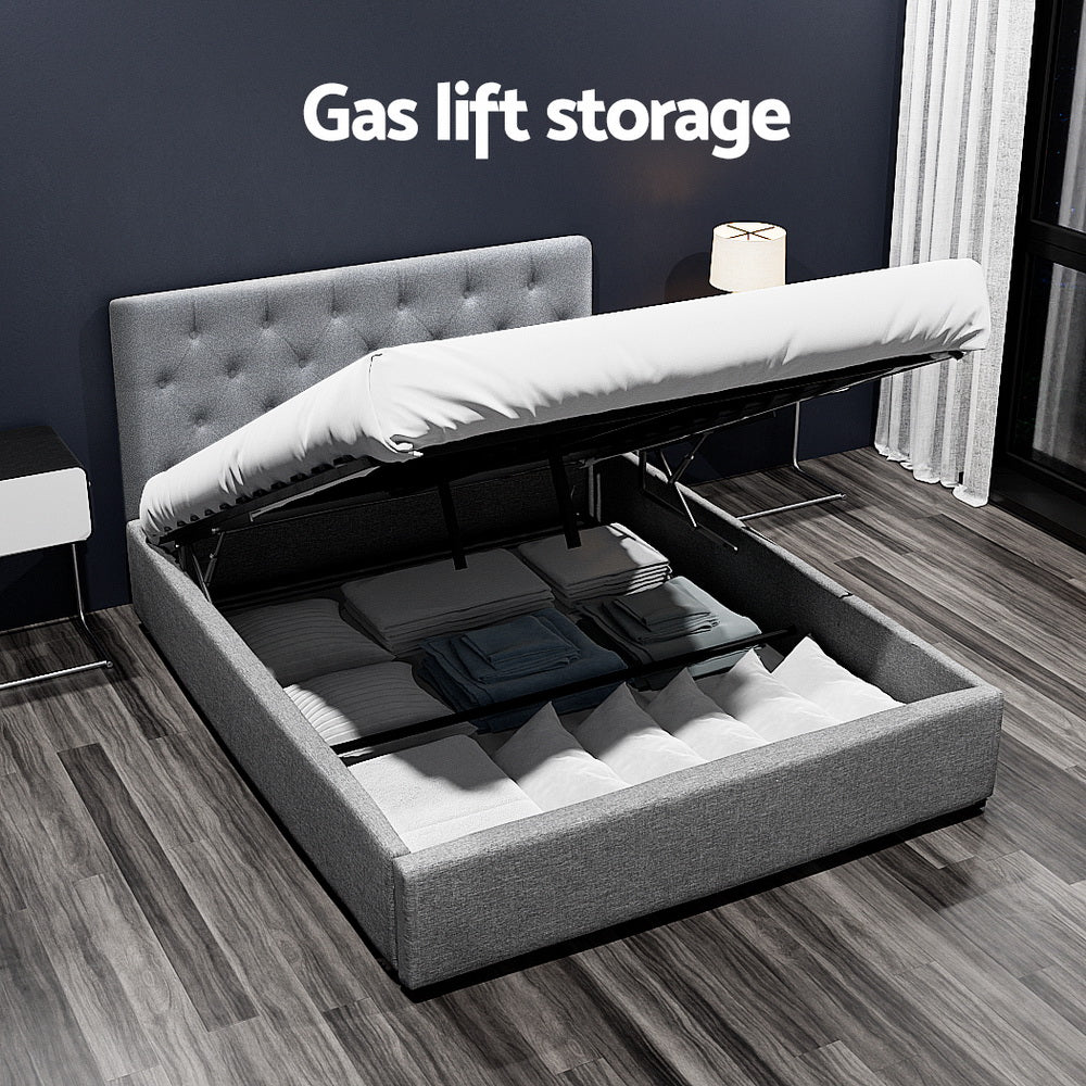 Artiss Vila Gas Lift Bed Frame — Double Linen Storage Base, Grey