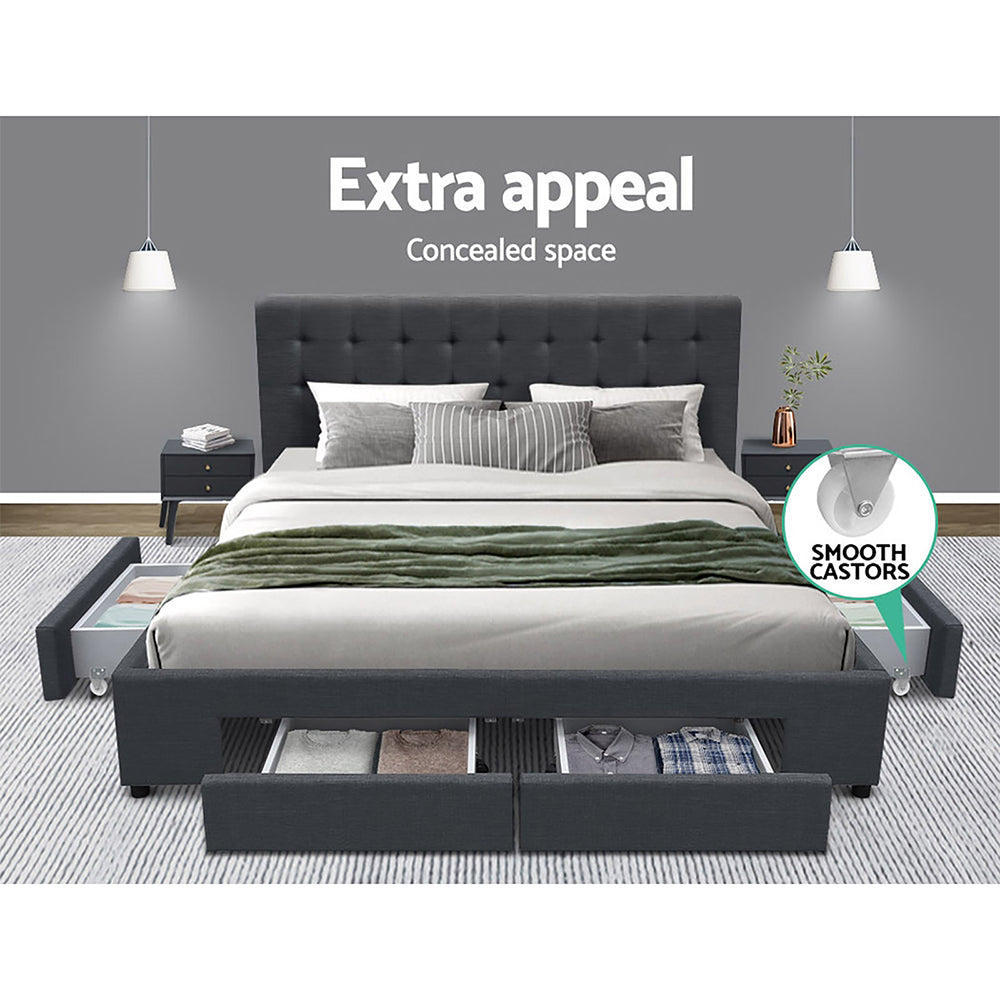 Artiss Avio Bed Frame with 4 Drawers — Double Storage Base, Charcoal