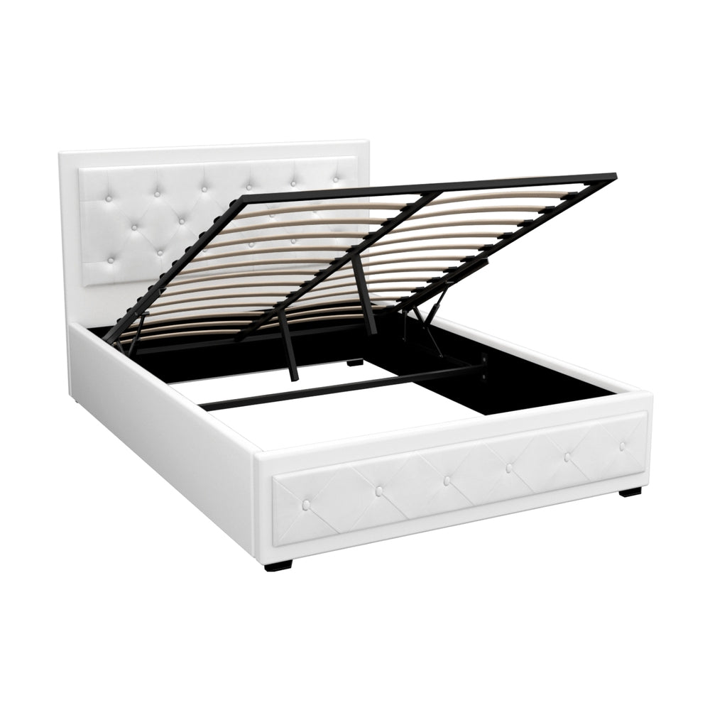 Artiss Tiyo Gas Lift Bed Frame — Double PU Leather Storage Base, White