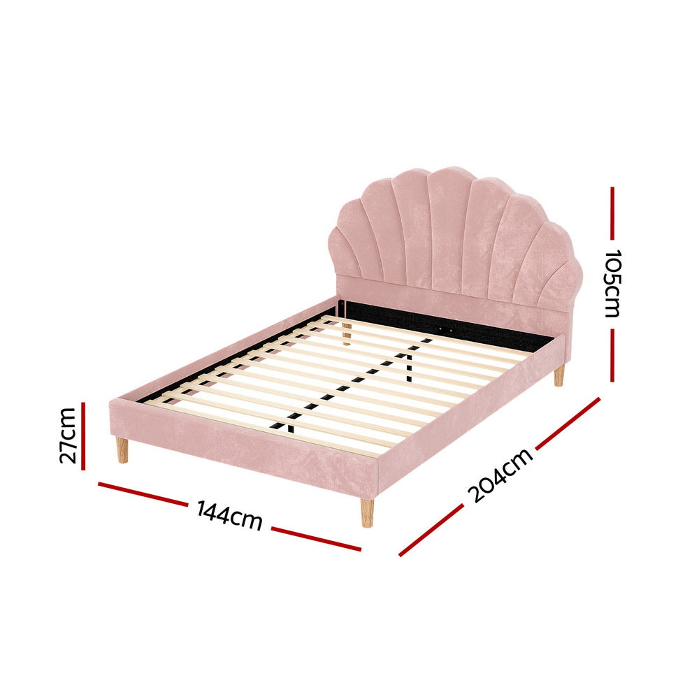 Artiss Rosy Scallop Bed Frame — Double Pink Velvet Upholstered Headboard