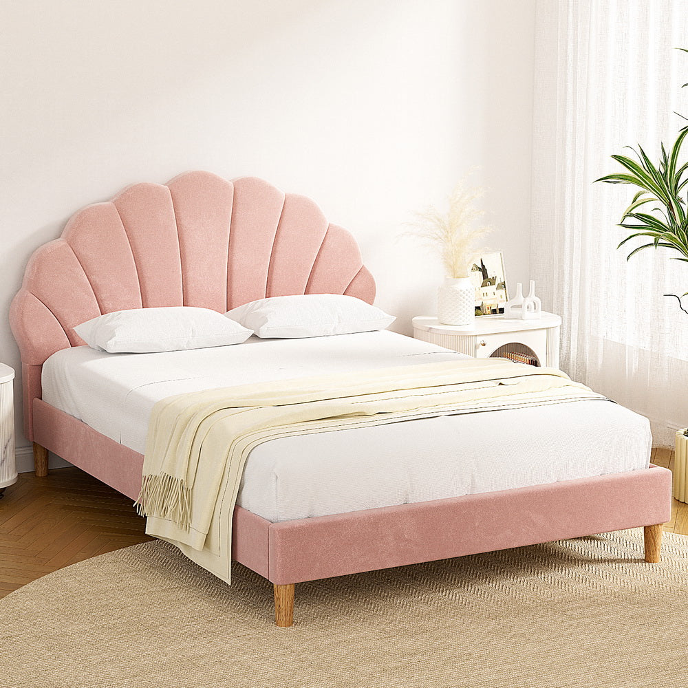 Artiss Rosy Scallop Bed Frame — Double Pink Velvet Upholstered Headboard