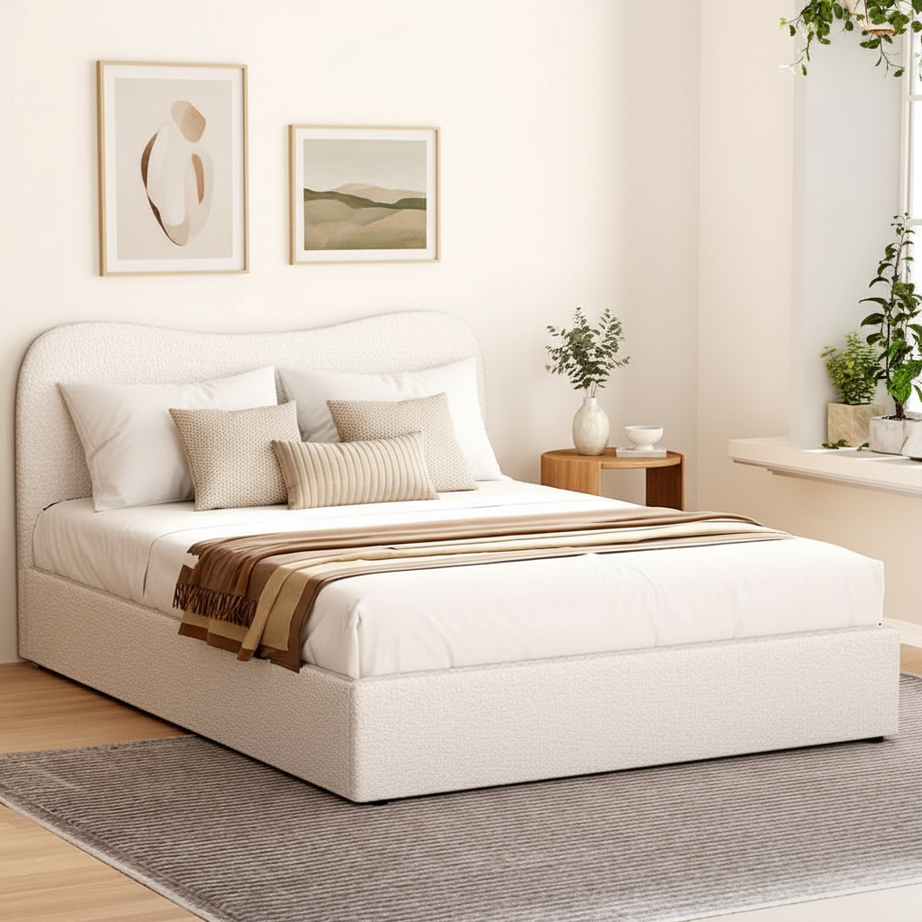 Artiss Dara Boucle Bed Frame — Double with Padded Headboard, White