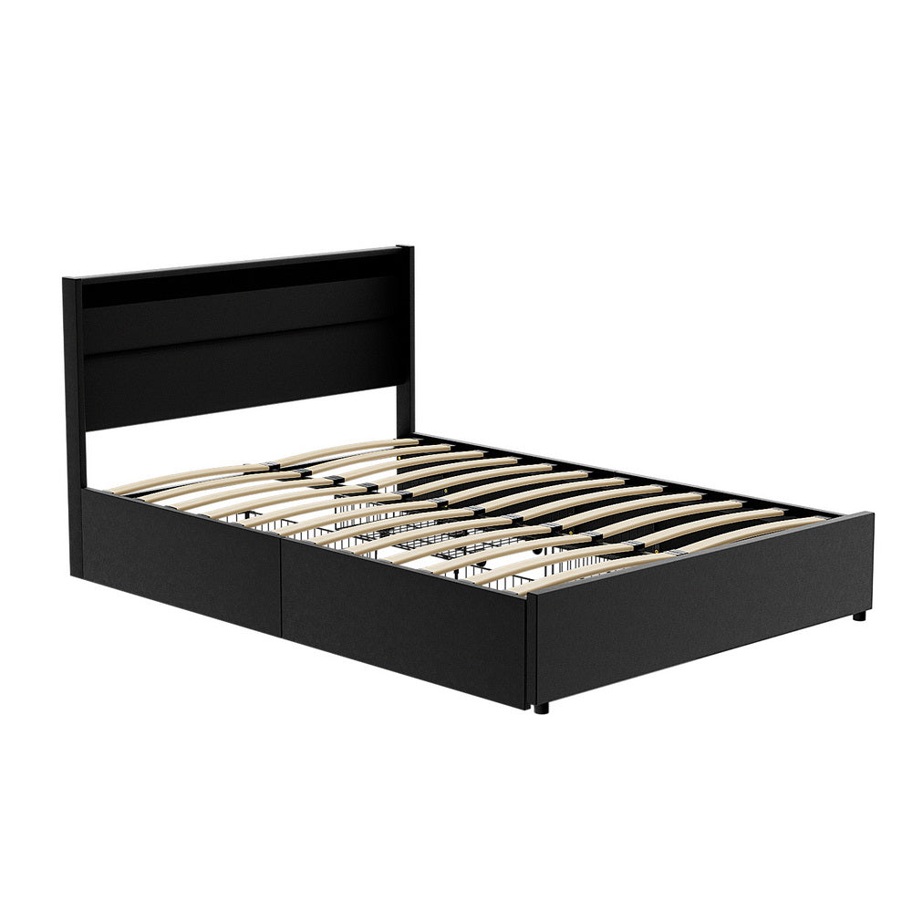 Artiss Dunn LED Bed Frame with 4 Drawers — Double PU Leather Storage Base, Black