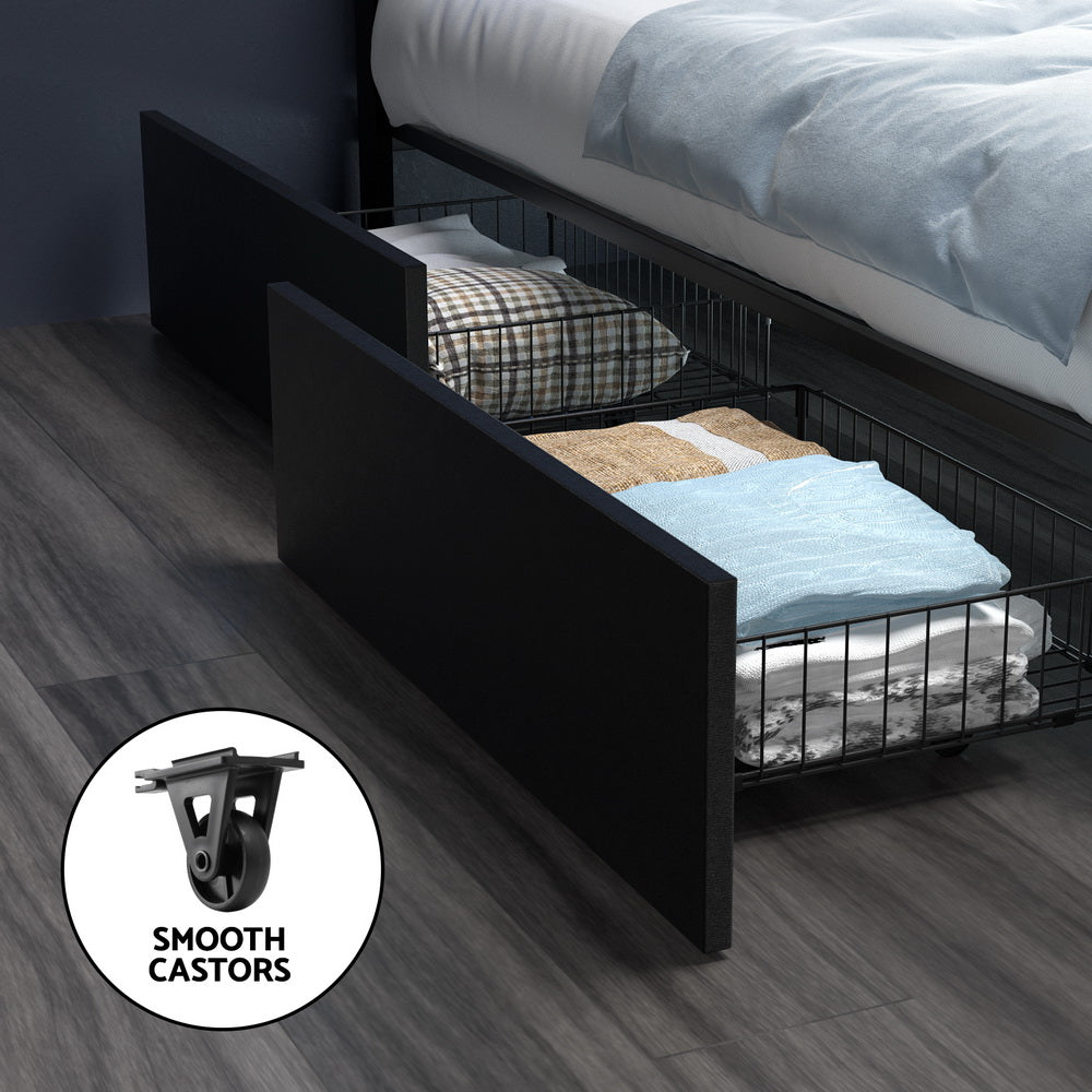Artiss Dunn LED Bed Frame with 4 Drawers — Double PU Leather Storage Base, Black