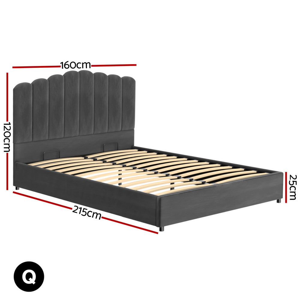 Fion Velvet Gas Lift Bed Frame — Double, Grey