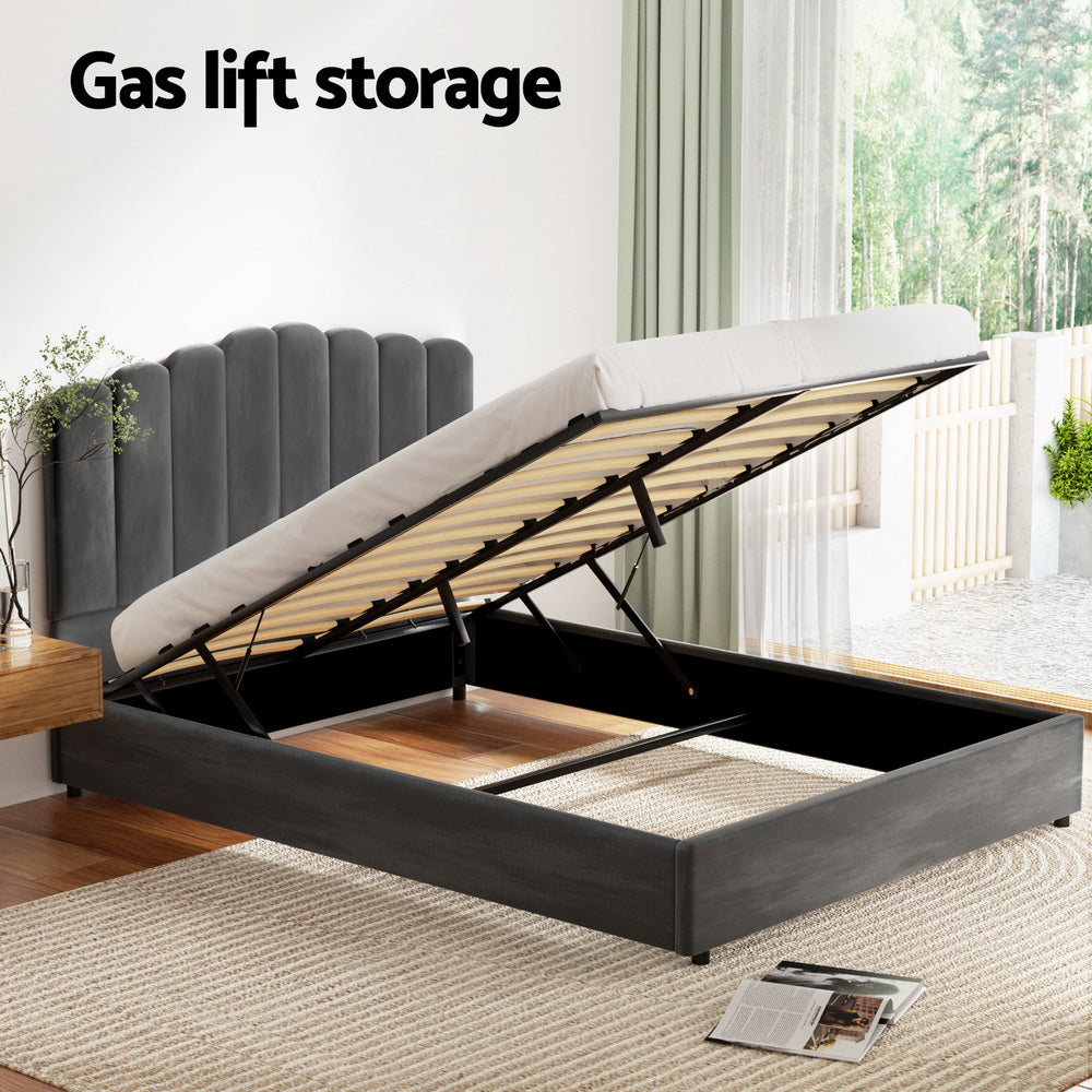Fion Velvet Gas Lift Bed Frame — Double, Grey