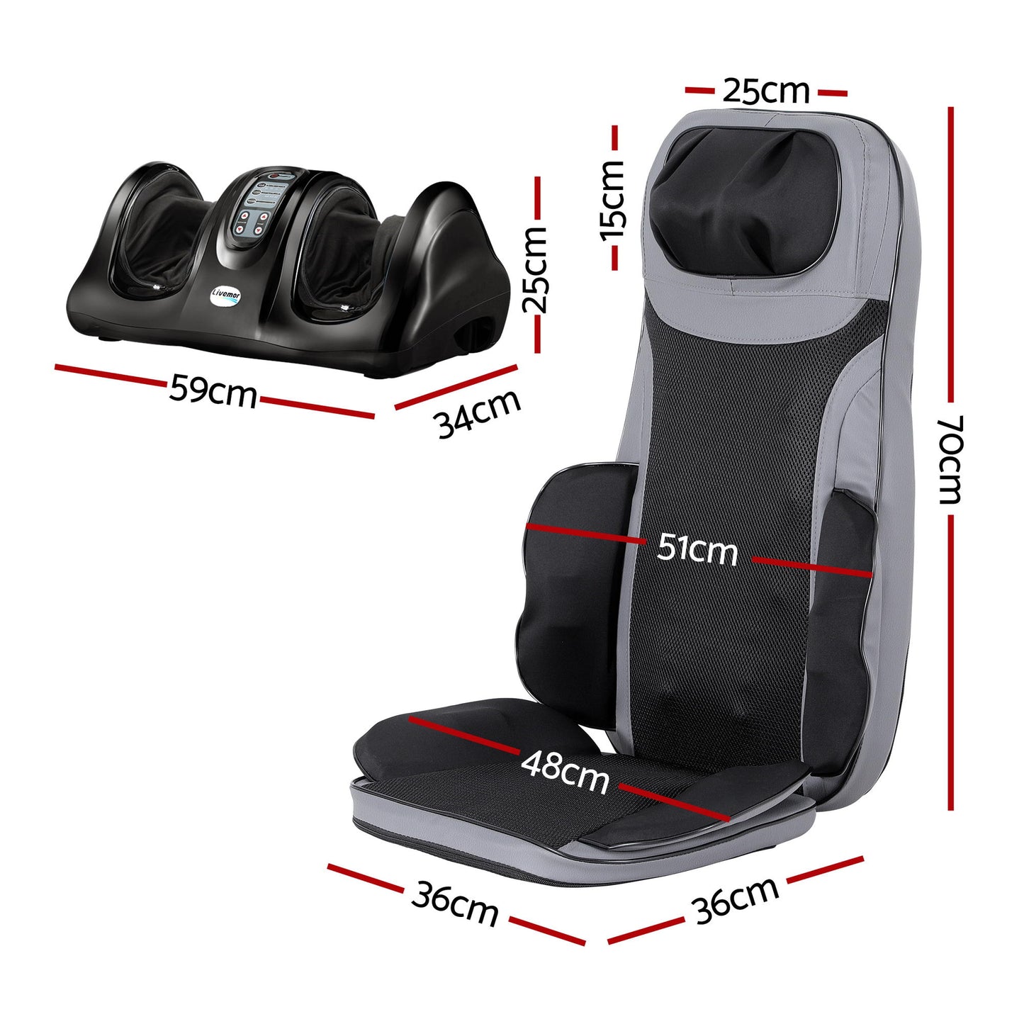 Livemor 8-nodes Full Back Massage Seat Cushion Heating With Foot Massagers