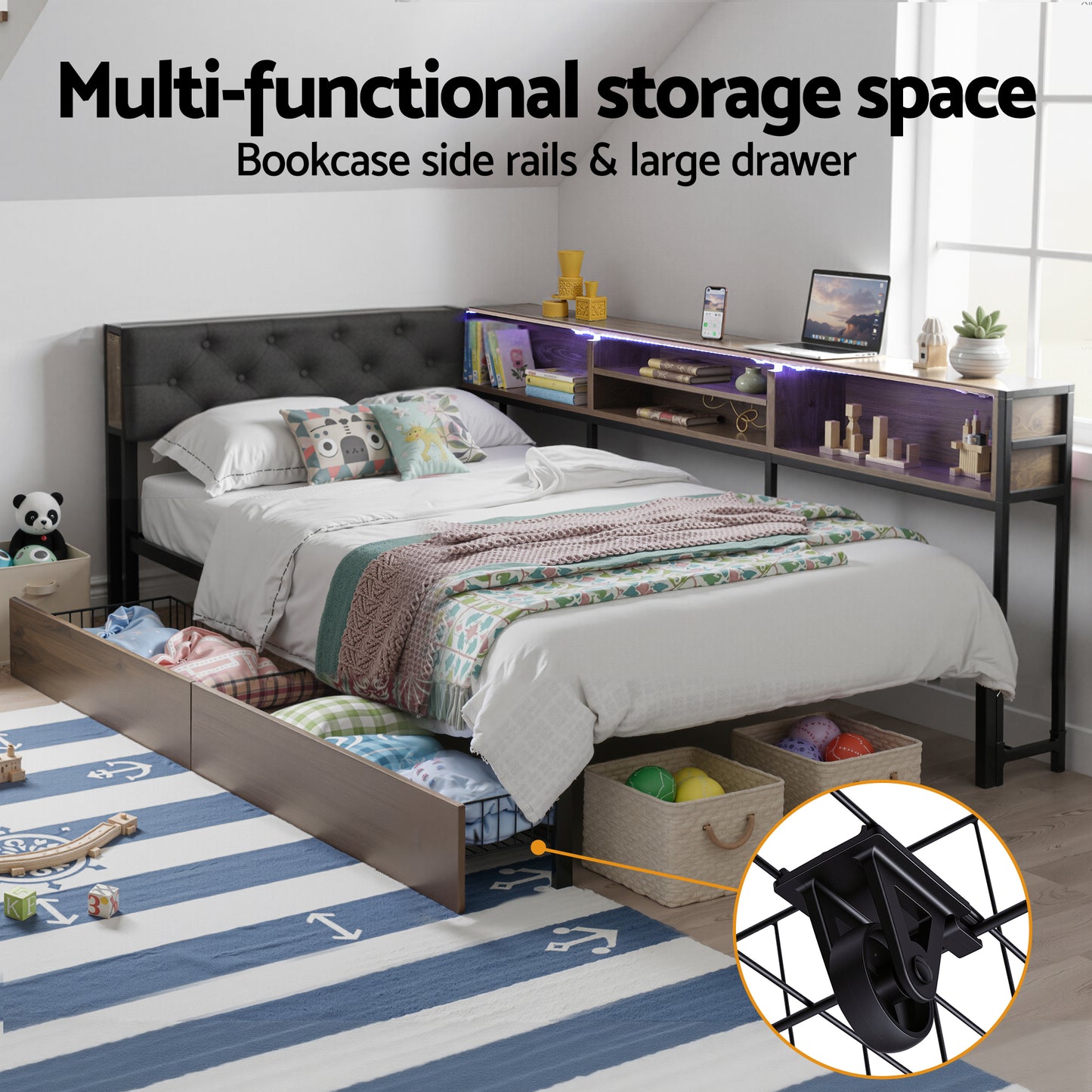 L-Shape Metal Bed Frame with Storage & Charging Station — Single