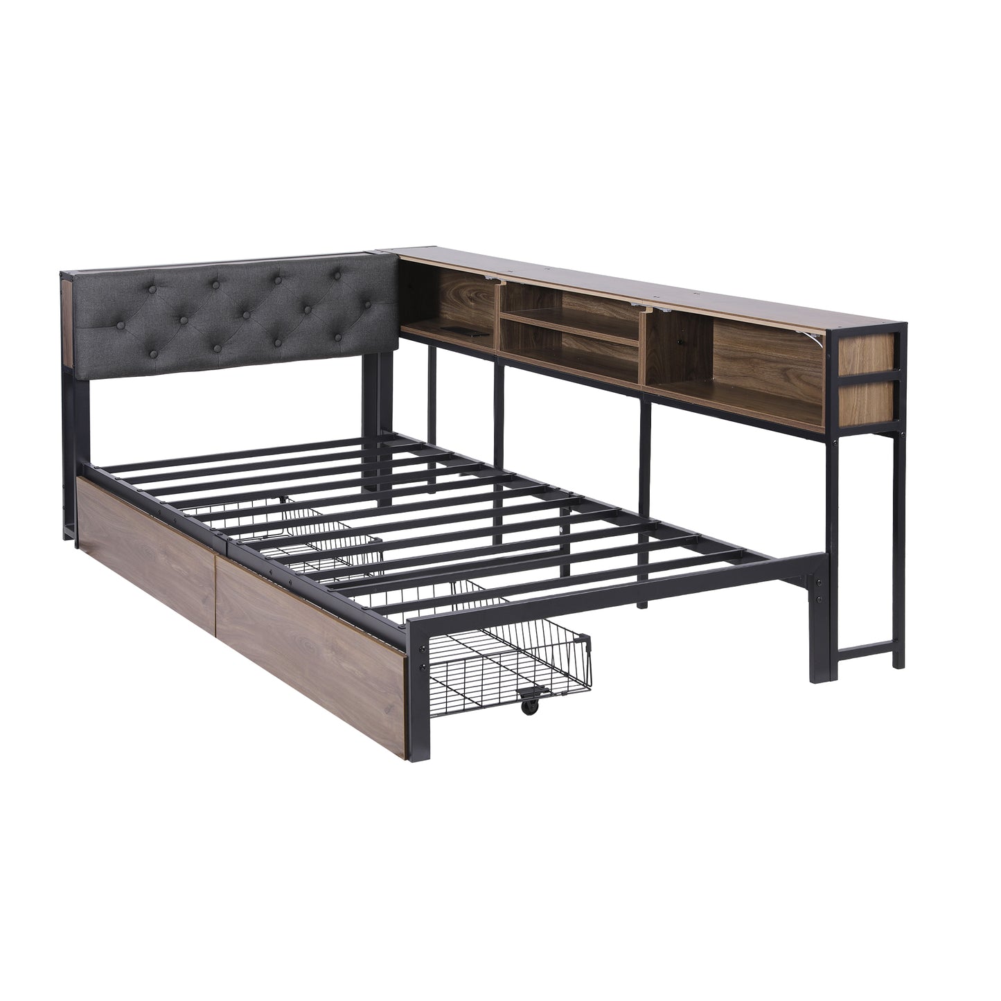 L-Shape Metal Bed Frame with Storage & Charging Station — Single