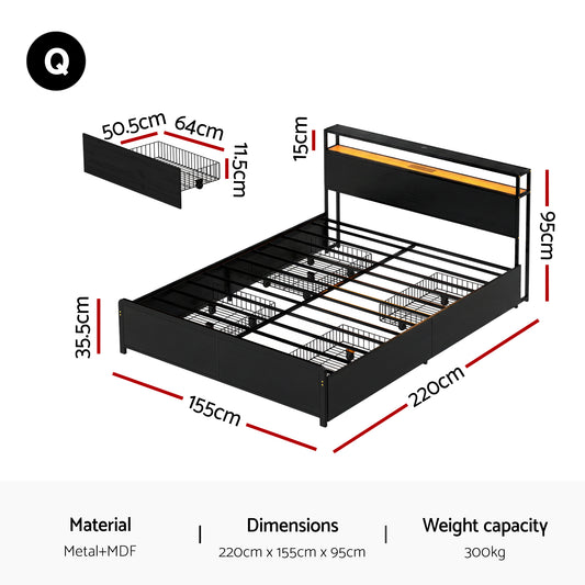 Artiss Metal Bed Frame Queen Size Storage Headboard Charge Station LED 4 Drawers