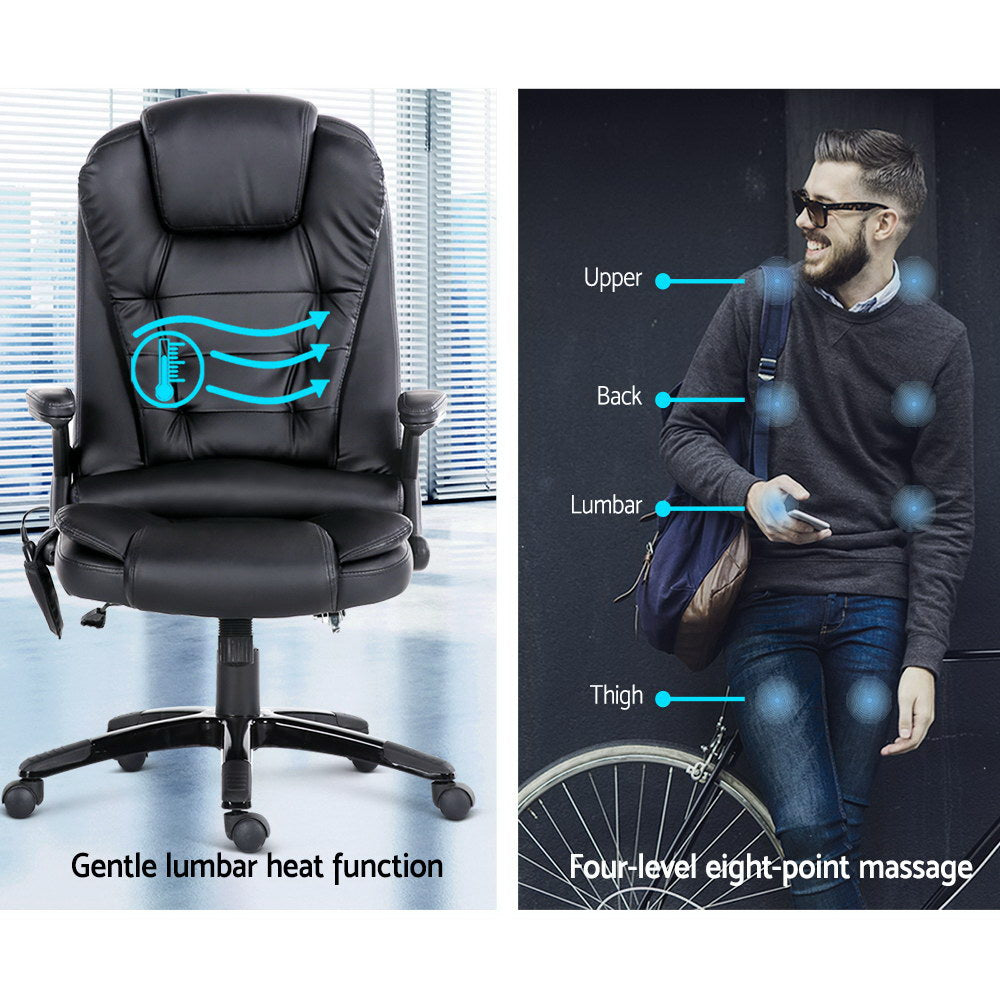 Artiss 8-Point Massage Office Chair — Heated Seat Recliner PU Leather Black