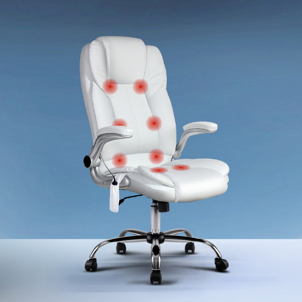 Artiss 8-Point Massage Office Chair — PU Leather White