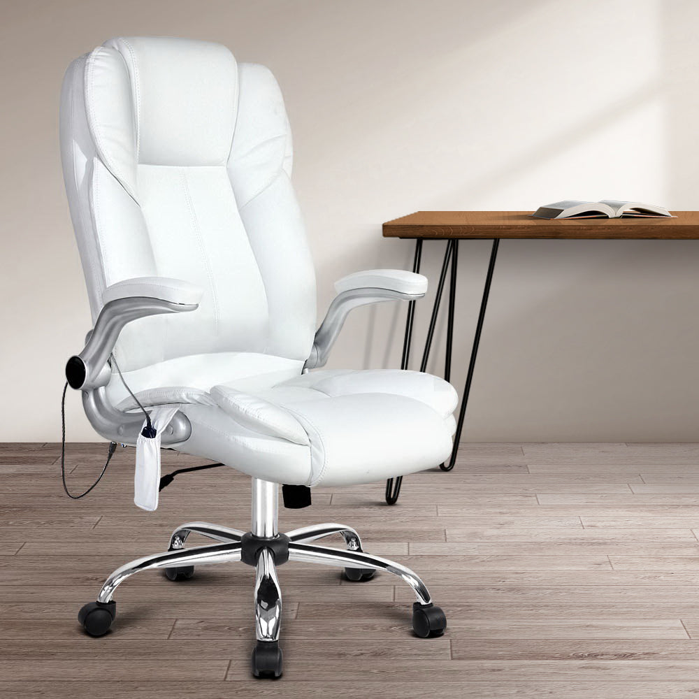 Artiss 8-Point Massage Office Chair — PU Leather White