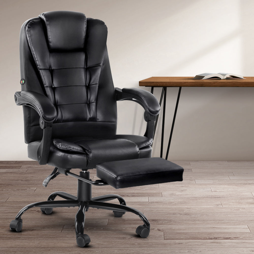Artiss 2-Point Massage Office Chair with Footrest — PU Leather Black