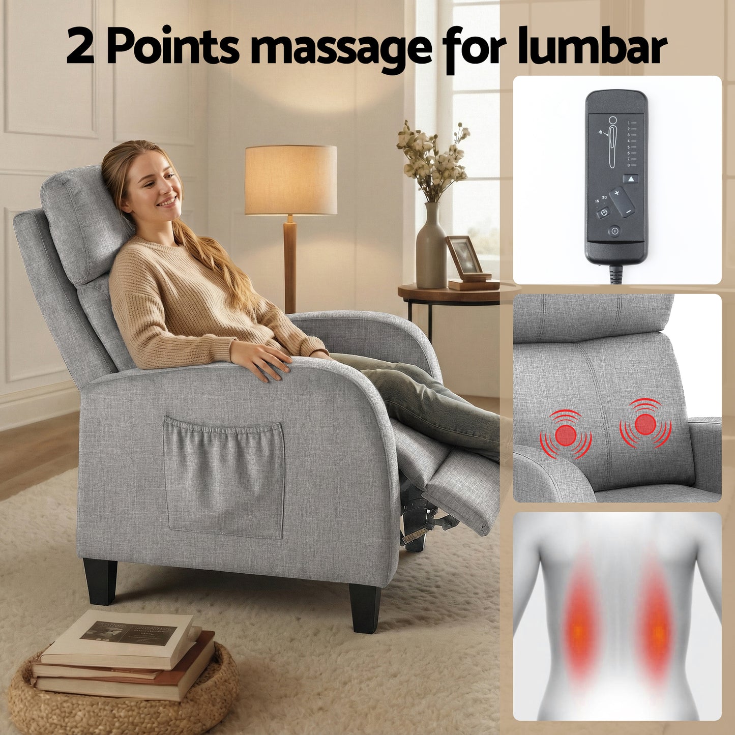 Artiss Massage Recliner Chair Small Recliner Sofa for Adults Fabric Grey