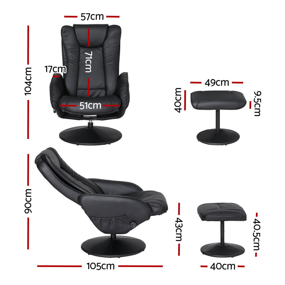 Artiss Heated Massage Recliner Chair with Ottoman — Set of 2, Black PU Leather