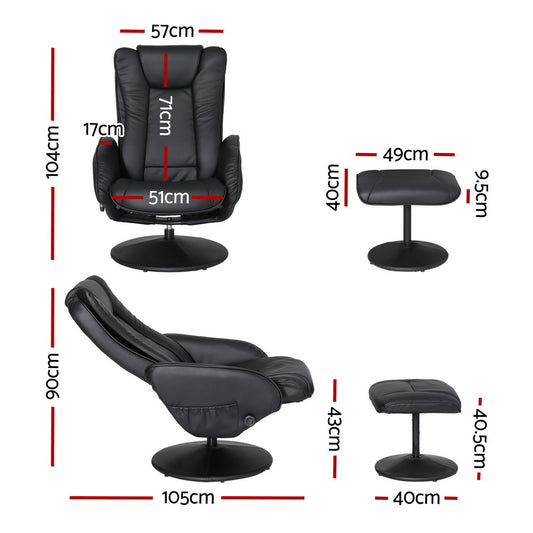 Artiss Heated Massage Recliner Chair with Ottoman — Set of 2, Black PU Leather