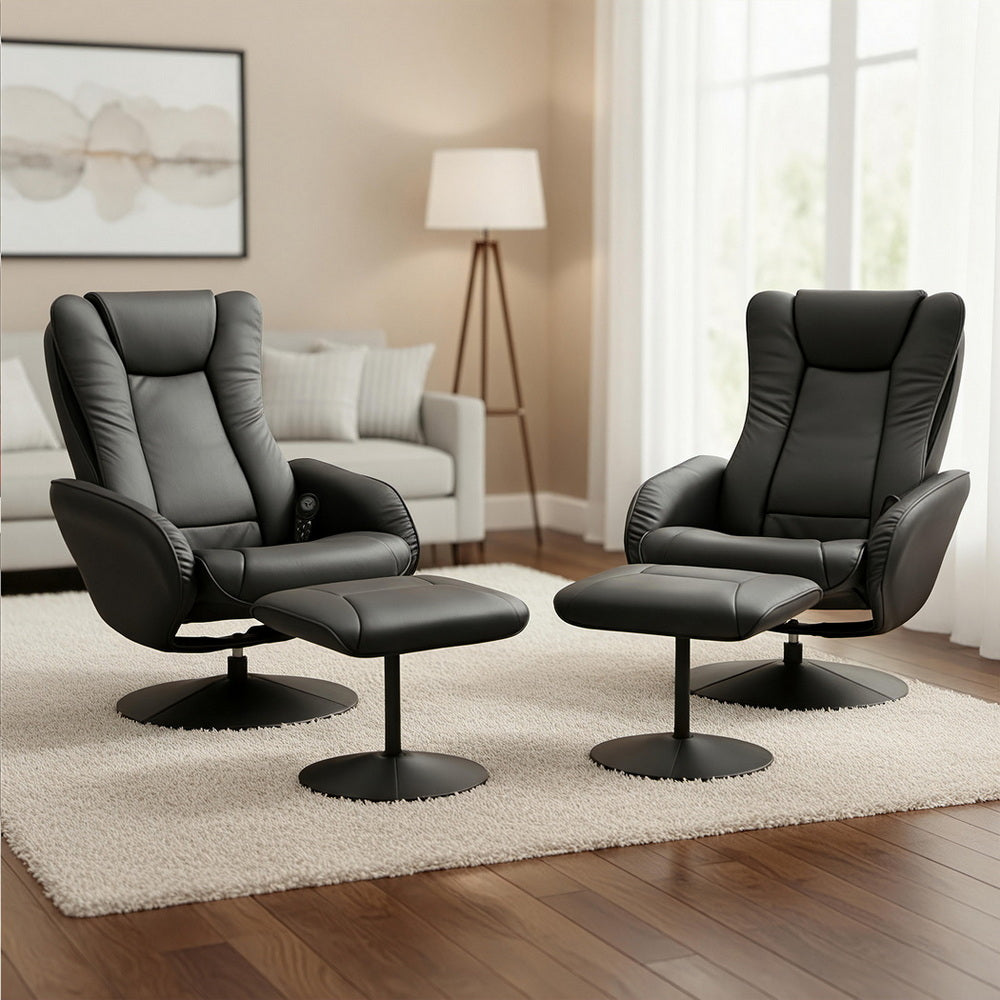 Artiss Heated Massage Recliner Chair with Ottoman — Set of 2, Black PU Leather