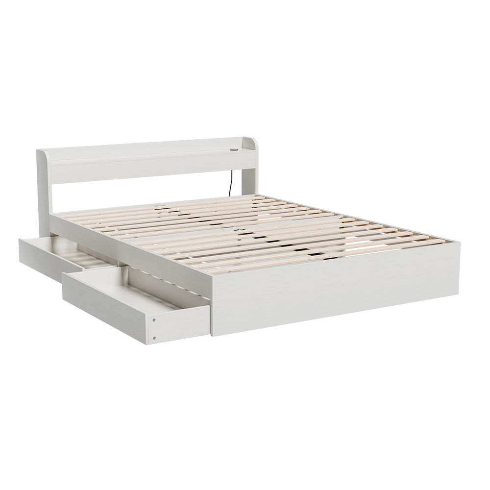 Aura LED Bed Frame with Charging Ports & Storage — Double, White