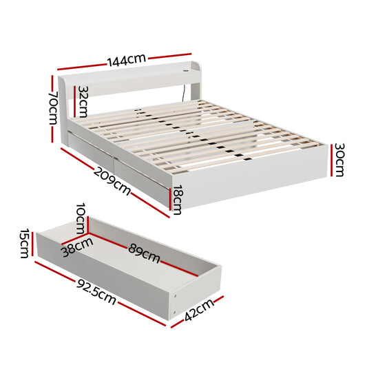 Aura LED Bed Frame with Charging Ports & Storage — Double, White
