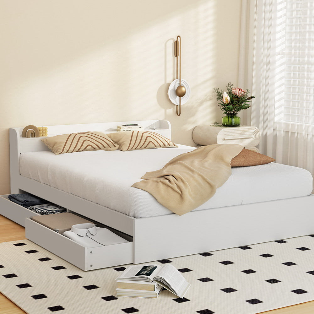 Aura LED Bed Frame with Charging Ports & Storage — Double, White
