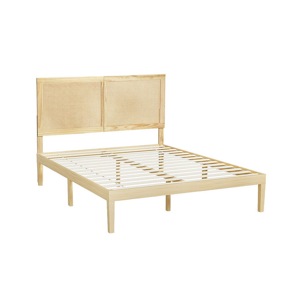 Artiss Bruno Rattan Headboard Bed Frame — Double Solid Pine Base