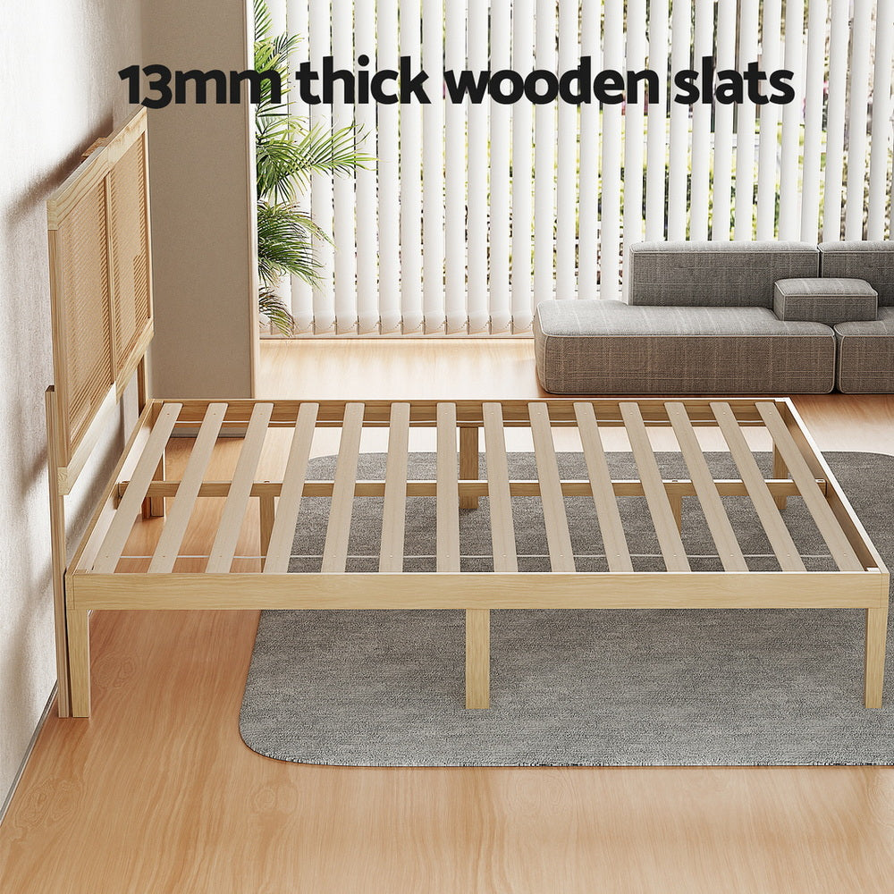 Artiss Bruno Rattan Headboard Bed Frame — Double Solid Pine Base
