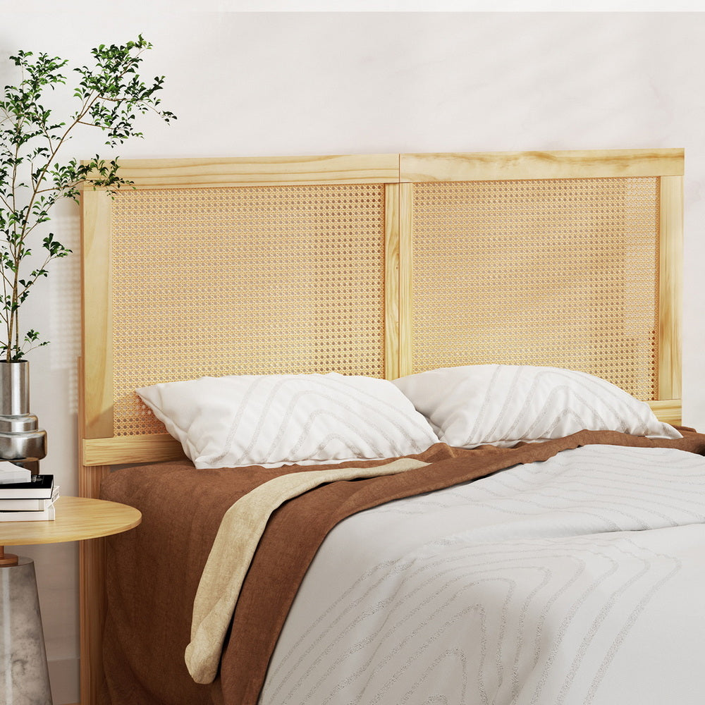 Artiss Bruno Rattan Headboard Bed Frame — Double Solid Pine Base