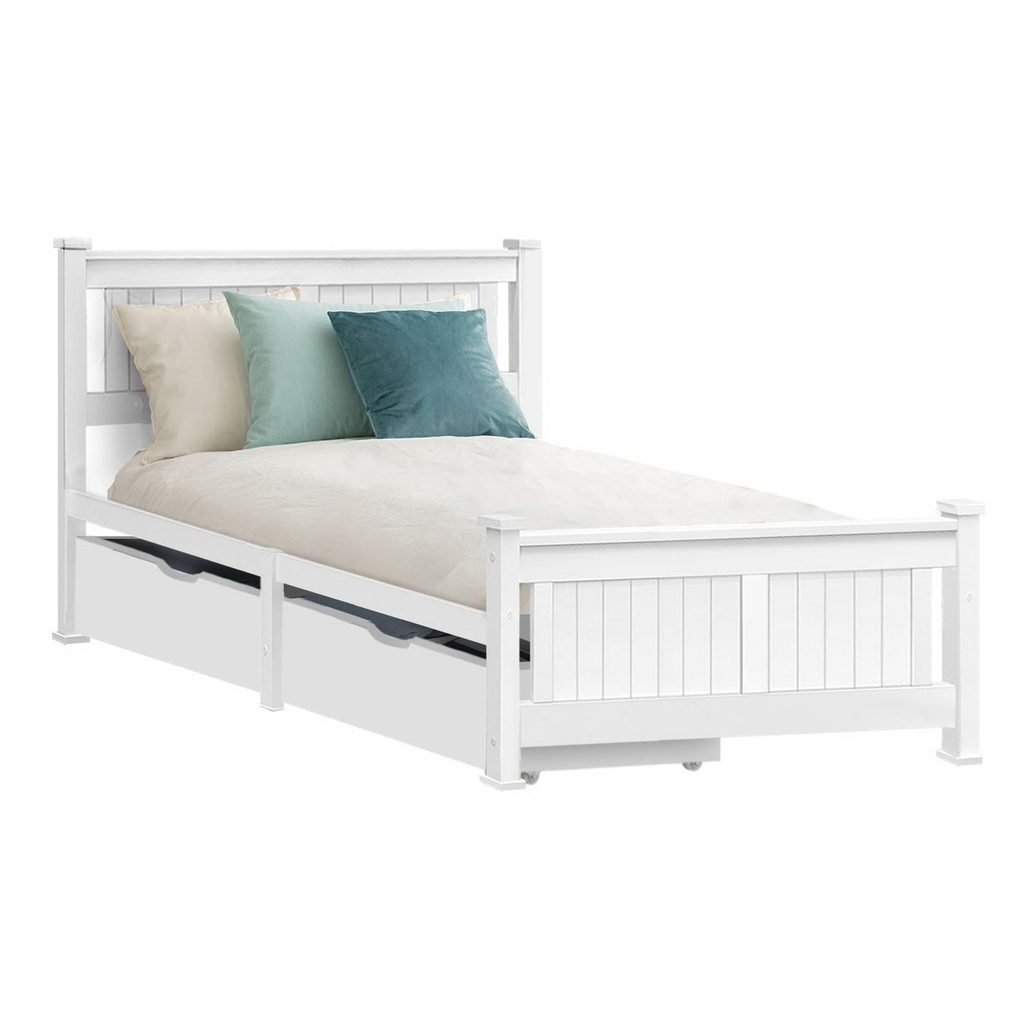 Rio Timber Bed Frame with Storage Drawers — Single, White
