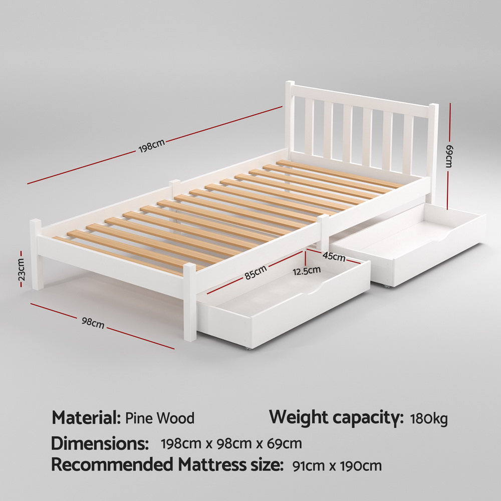 Sofie Timber Bed Frame with Storage Drawers — Single, White