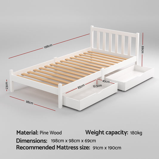 Sofie Timber Bed Frame with Storage Drawers — Single, White