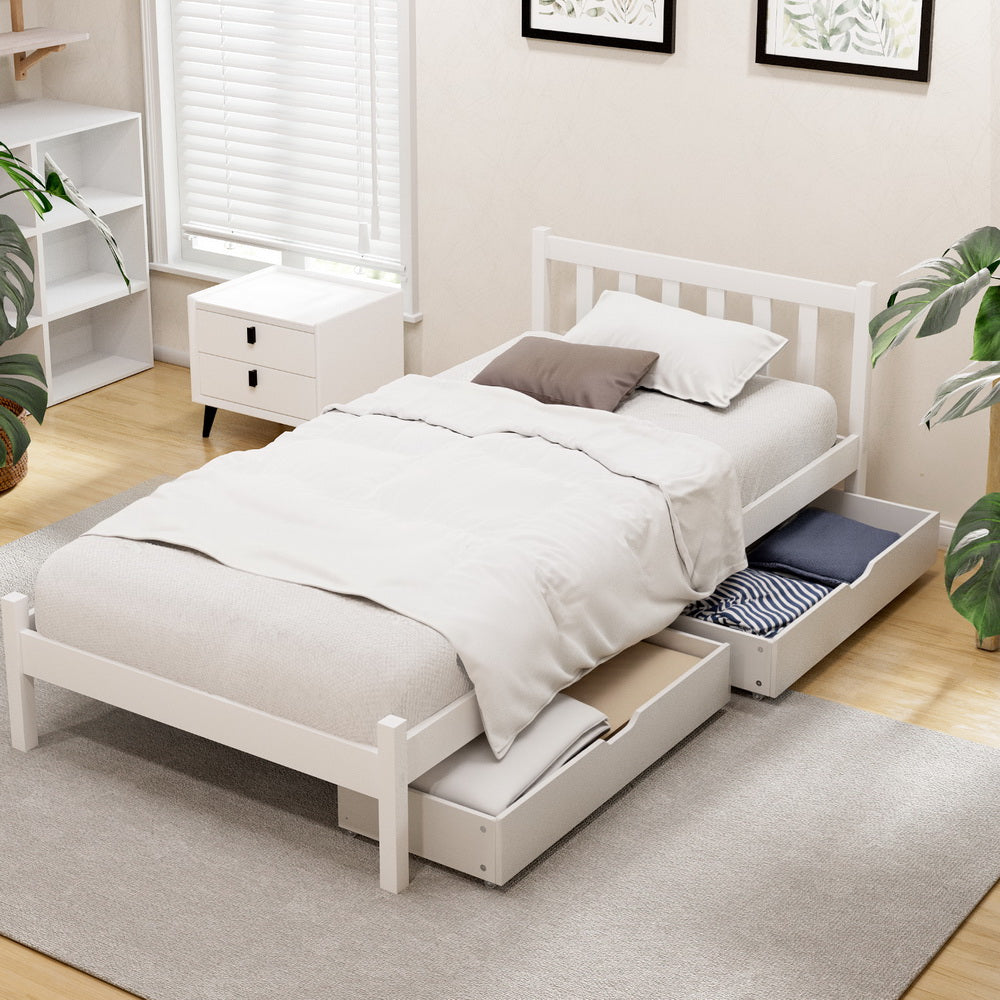 Sofie Timber Bed Frame with Storage Drawers — Single, White