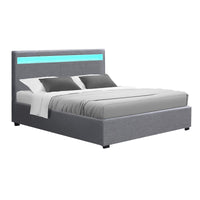 Artiss Cole LED Gas Lift Bed Frame — Double Storage Base with LED Lighting, Grey