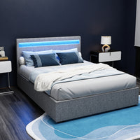 Artiss Cole LED Gas Lift Bed Frame — Double Storage Base with LED Lighting, Grey