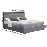 Artiss Cole LED Gas Lift Bed Frame — Double Storage Base with LED Lighting, Grey