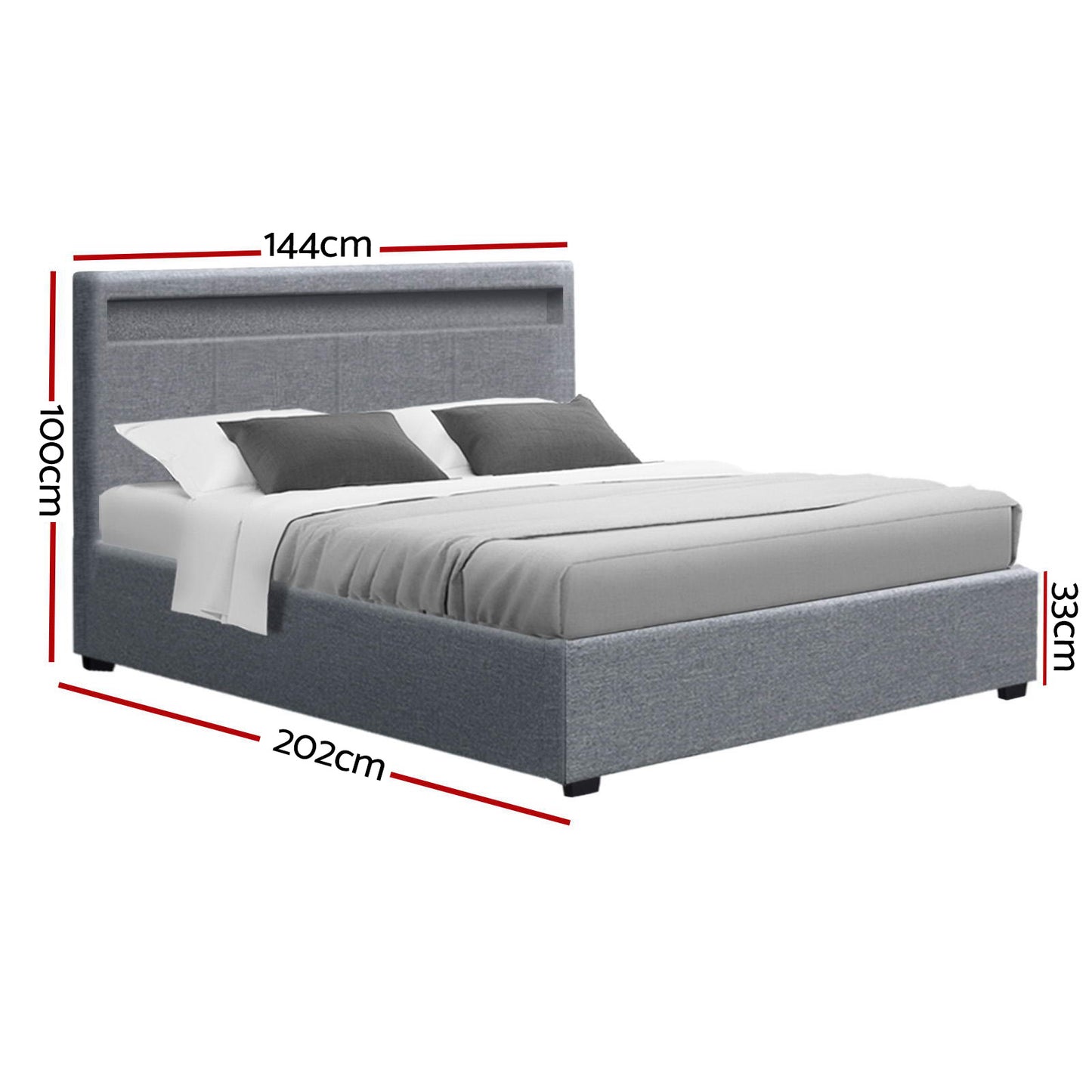 Artiss Cole LED Gas Lift Bed Frame — Double Storage Base with LED Lighting, Grey