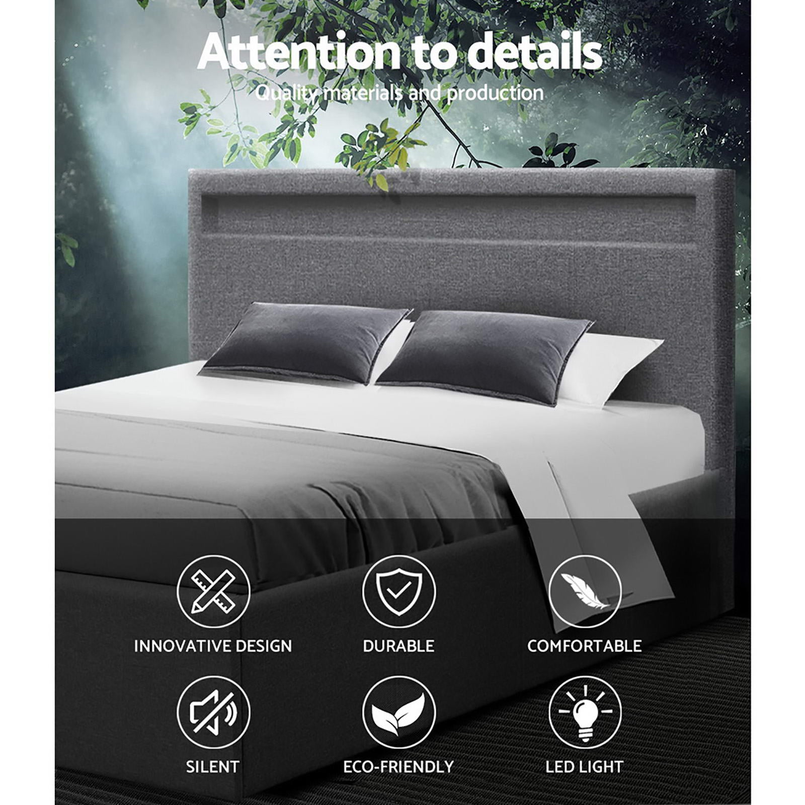 Artiss Cole LED Gas Lift Bed Frame — Double Storage Base with LED Lighting, Grey