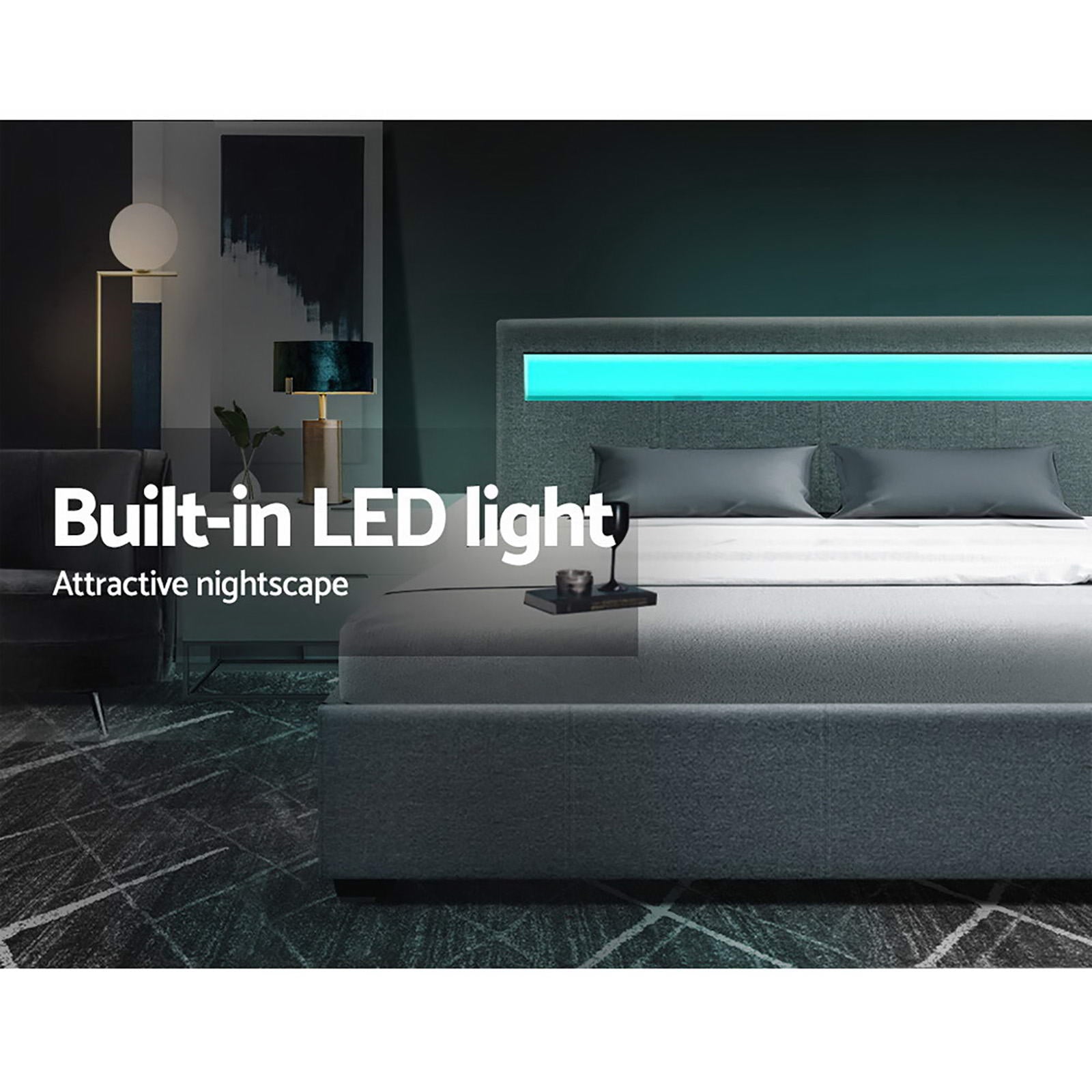 Artiss Cole LED Gas Lift Bed Frame — Double Storage Base with LED Lighting, Grey