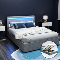 Artiss Cole LED Gas Lift Bed Frame — Double Storage Base with LED Lighting, Grey