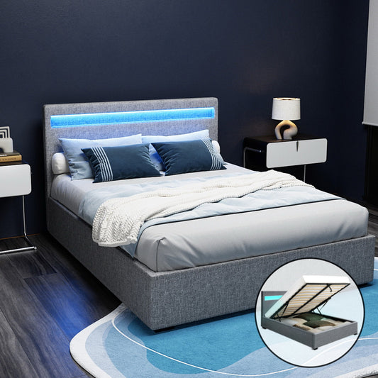 Artiss Cole LED Gas Lift Bed Frame — Double Storage Base with LED Lighting, Grey