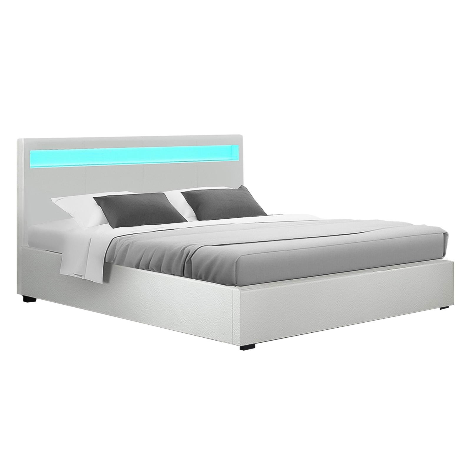 Artiss Cole LED Gas Lift Bed Frame — Double Storage Base with LED Lighting, White