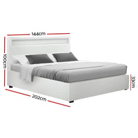 Artiss Cole LED Gas Lift Bed Frame — Double Storage Base with LED Lighting, White