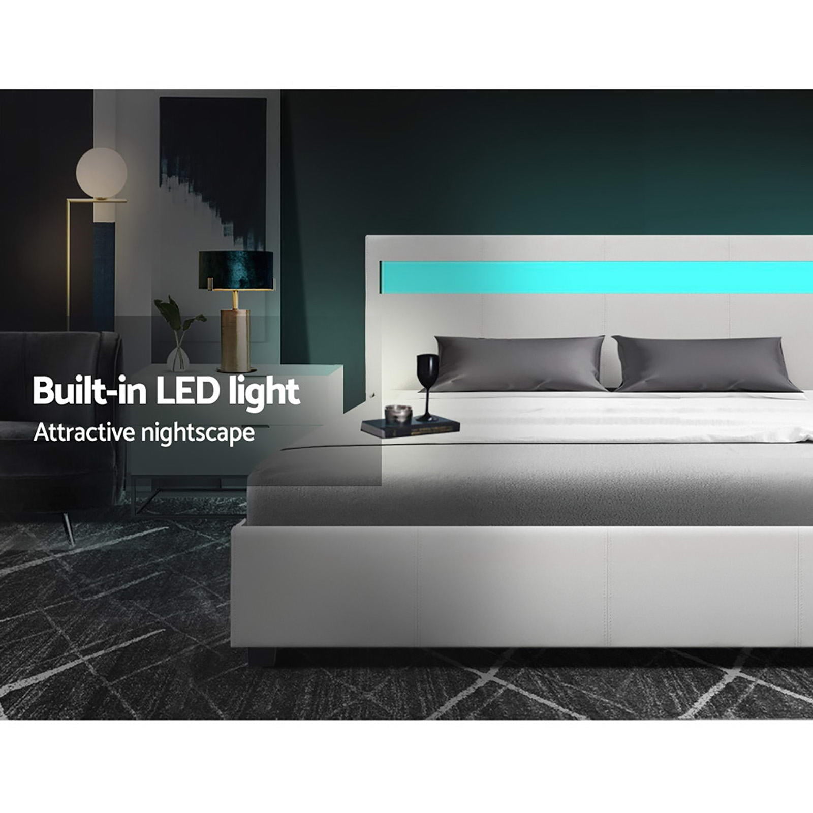 Artiss Cole LED Gas Lift Bed Frame — Double Storage Base with LED Lighting, White