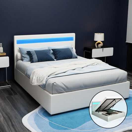 Artiss Cole LED Gas Lift Bed Frame — Double Storage Base with LED Lighting, White
